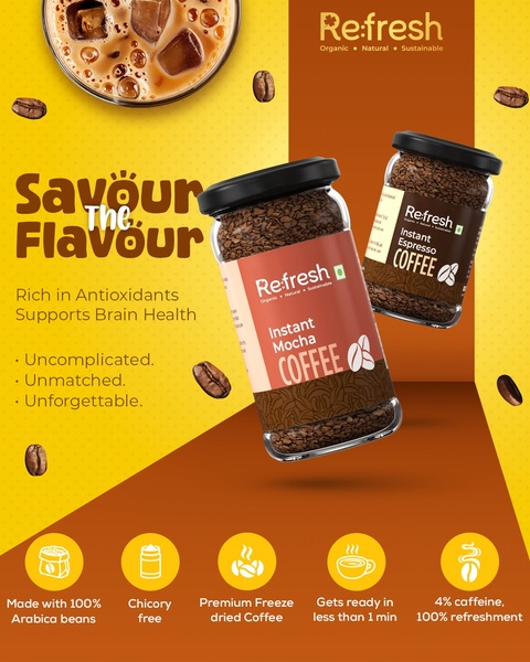 instant coffee, freeze dried coffee, instant espresso, mocha coffee, coffee powder, arabica coffee, brand awareness, product launch, minimalist, modern typography, energetic, warm, yellow, brown, orange